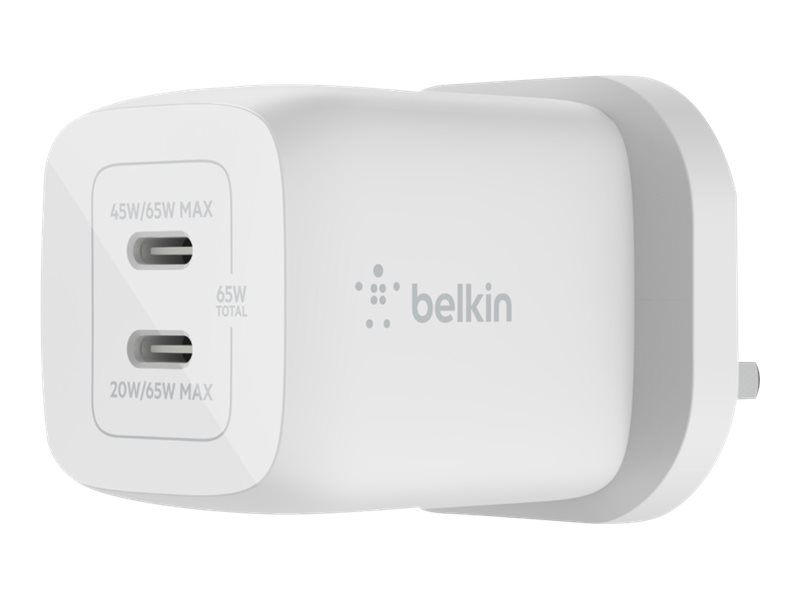Belkin WCH013AUWH BELKIN 2 PORT WALL CHARGER, 65W USB-C GaN (2) FAST CHARGING, WHITE, 2YR WITH $2500 WCH013AUWH