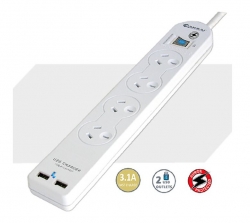 Sansai 4 Way Basic Powerboard USB Ax2 4 Outlets Master Switch Surge and overload protection1M Length PAD-503USB