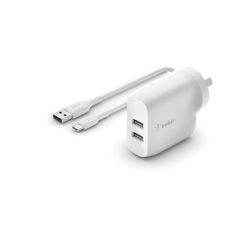 Belkin WCE001AU1MWH BELKIN 2 PORT WALL CHARGER, 12W, USB-A (2), BOOST CHARGE WITH USB-A TO C CABLE (Wce001Au1Mwh)
